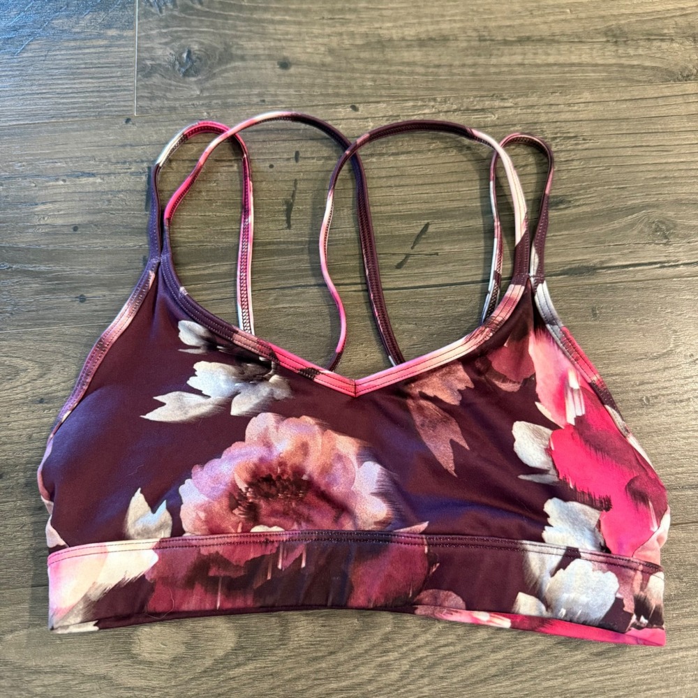 Old Navy Active Go-Dry Floral Strappy Back Sports Bra Burgundy Pink XS